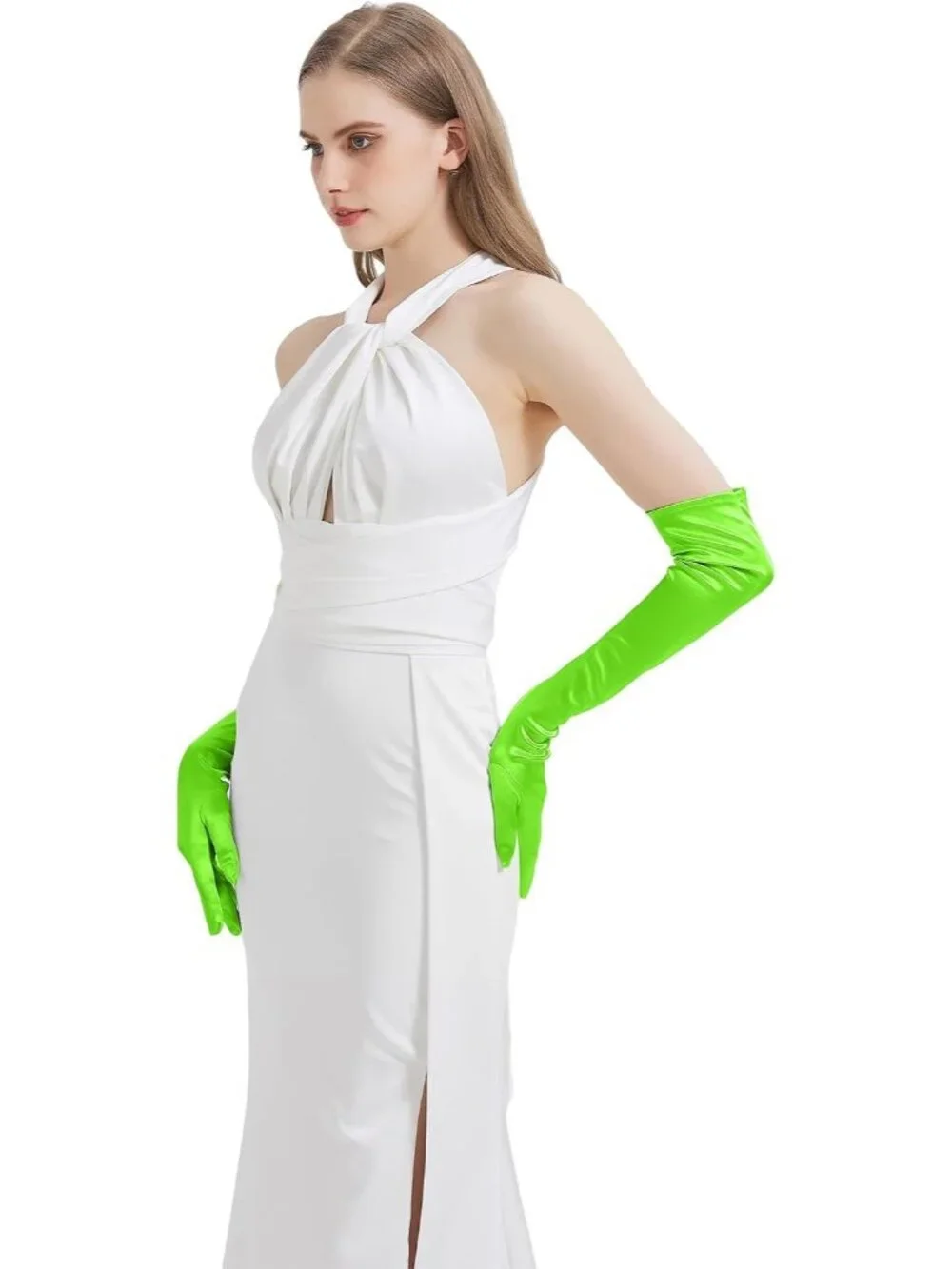 Women's Neon Green Satin Opera Elbow Length 1920s Flapper Long Gloves Party